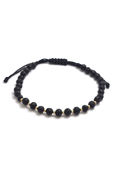 Bijolin Gold Brățară cu 10 biluțe striate de 2mm din aur 14k și Lava Negru