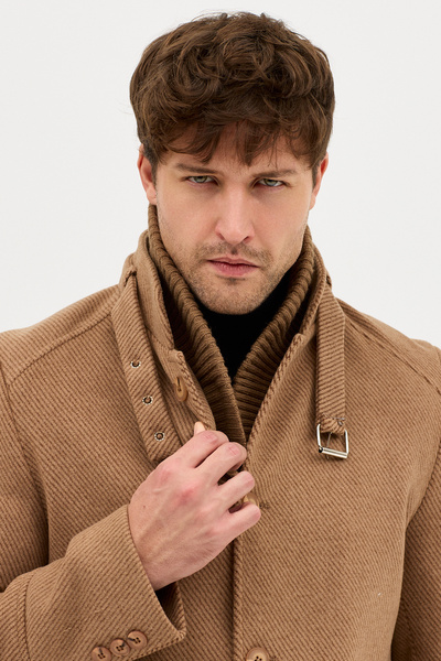 Frappoli Maxi Men's Camel Cashmere Thick Coat Overcoat with Ribbed Collar Standard Fit