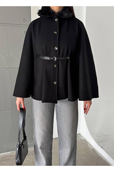maf collection Women's Black Fur Collar Button and Belt Detail Poncho