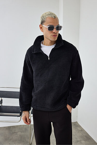 MADZEYMODA Ανδρικό φούτερ Premium ψηλός λαιμός με μισό φερμουάρ, μαύρο βελούδινο φούτερ LS-86081