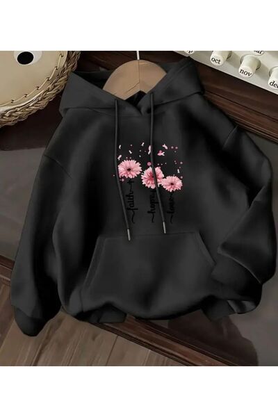 herkesemoda Φούτερ με κουκούλα με λεπτομέρεια λουλουδιών και φλις εσωτερικά