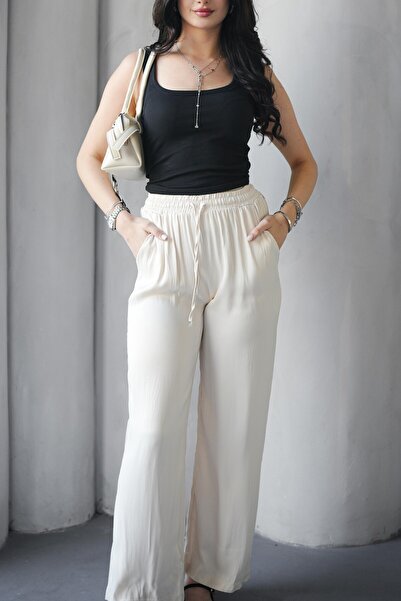 Hisleria High Waist Lace-Up Pocketed Satin Trousers - Cream