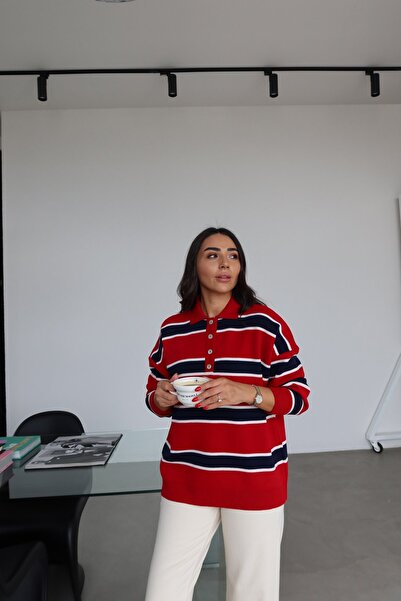 Özge Özgenç Dört Düğmeli Çizgili Triko