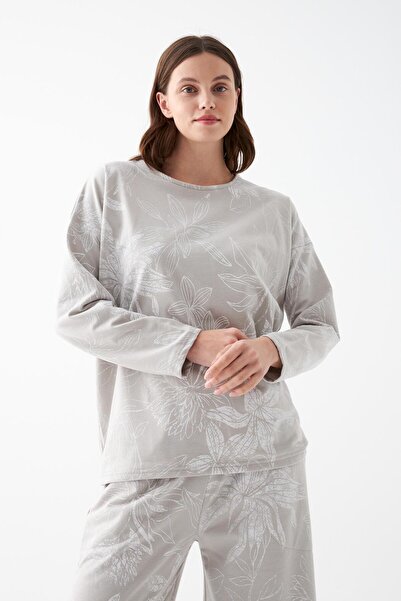 Akbeniz Women's Oversized Gray Floral Pattern Cotton Thick Pajamas Set