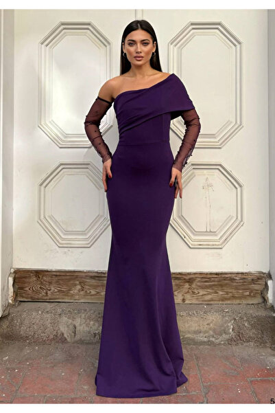 Little Visqon Straplez Yaka Tül Kol Aksesuarlı Krep Abiye Elbise