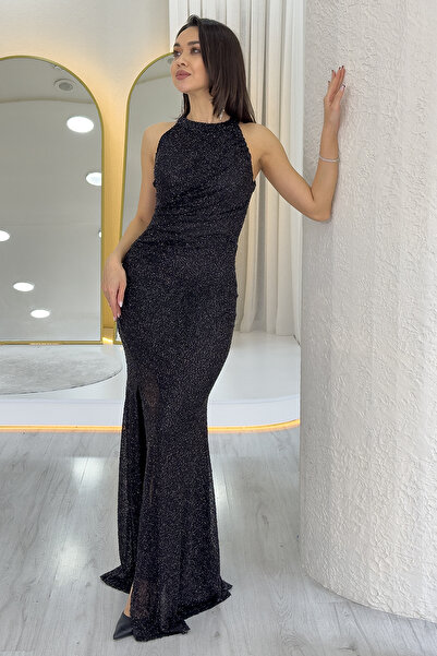 zks grup tekstil Women's Embroidered Halter Neck D Draped Y Slit Evening Dress Gold, Burgundy, Black, Navy Blue, Silver,