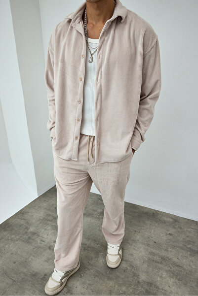 MADZEYMODA Premium Men's Beige Comfortable Fit Velvet Shirt & Pants Bottom Top Set Ls-19533
