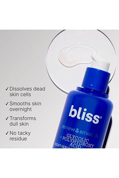 Bliss Renew & Smooth Night Serum – Glycolic + Polyhydroxy Acid, 1 oz (Vegan, Paraben-free, Cruelty
