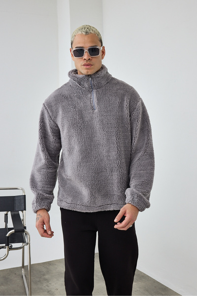 MADZEYMODA Premium Men's Mock Neck Half Zippered Gray Plush Sweatshirt Ls-86081