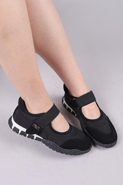 Birikon Madre Velcro Suede Paneled Parachute Ballerina Black