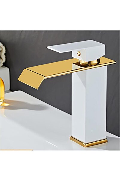 OEM Bathroom Sink Faucet, Waterfall Type, Single Lever, Connections Included, Stainless Steel, White-Gold