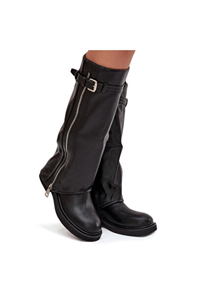 BOTO Botine pentru femei cu manseta întoarsă cataramă și fermoar argintiu căptușite negru Bressa 40