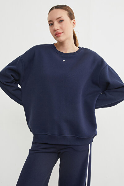 Fulla Moda 3 Thread Stone Heart Detailed Oversize Sweatshirt