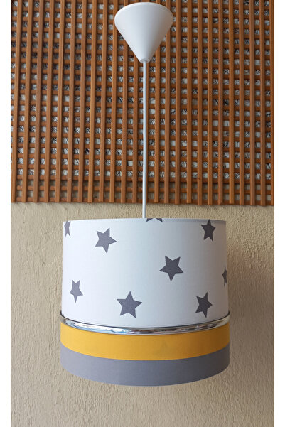 ONAY M BEYAZ YILDIZLI SARI KUMAŞ KAPLAMA 2.Lİ SET GENÇ VE ÇOCUK ODASI AVİZE VE ABAJUR SETİ