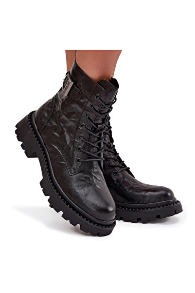 Artiker Botine din piele pentru femei cu efect de sifon și cataramă 57C1008 Negru 40