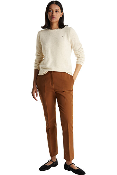 Tommy Hilfiger Kadın Kısa Kol Bisiklet Yaka Çizgili Regular Fit Bej Kazak WW0...