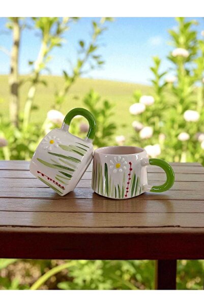 aktas seramik Çimenli Papatya Desenli El Çizimi Seramik Kupa Bardak Hediyelik