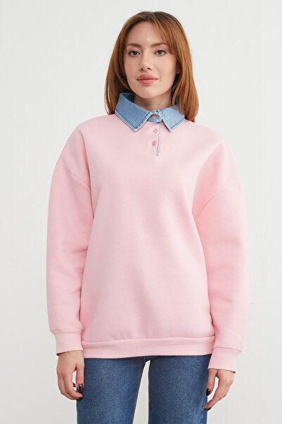 Fulla Moda 3 İplik Kot Garnili Gömlek Yaka Oversize Sweatshirt