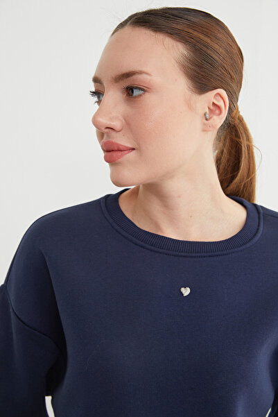 Fulla Moda 3 İplik Taşlı Kalp Detaylı Oversize Sweatshirt