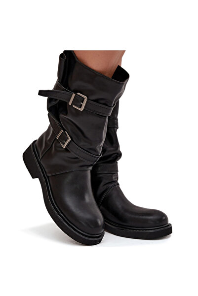 BOTO Cizme femei cute până la jumătatea gambei cu curele și catarame Negre Ha...