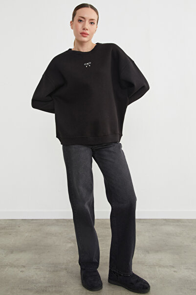 Fulla Moda 3 Thread Ribbon Stone Pearl Sweatshirt