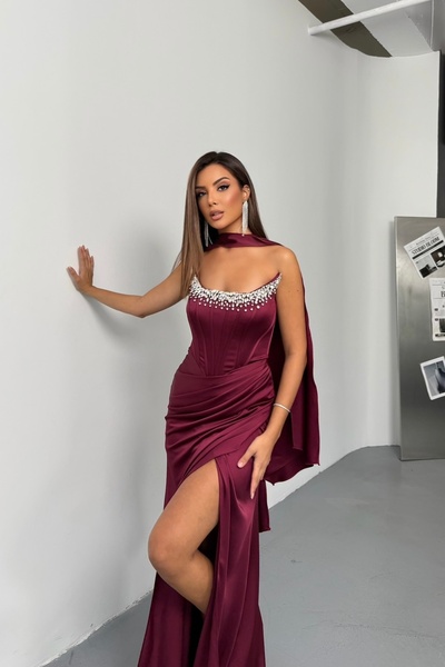 İyem Abiye Şallı Ve Göğüs Taş Detaylı Saten Şık Tasarım Abiye Elbise Dar Kalıp