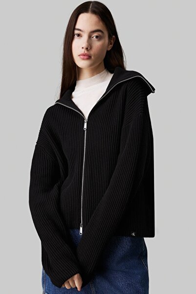Calvin Klein Chunky Women's Cardigan Women's Loose Fit Zippered Turn-Down Collar Sweatshirt Black