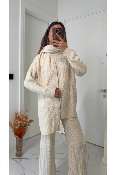 Solie Women's Ecru Braided Pants Sweater Scarf 3-Piece Set