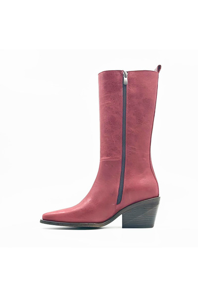 Folle Kadın Kırmızı Hakiki Deri Kalın Topuklu Uzun Kovboy Çizme