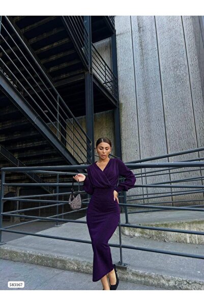 Modafeminen Double-Breasted Collar Long Sleeve Glitter Midi Dress 583167 Purple