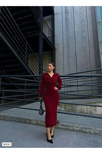 Modafeminen Double-Breasted Collar Long Sleeve Glitter Midi Dress 583167 Red