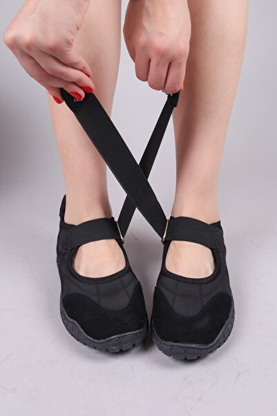 Birikon Madre Velcro Suede Paneled Parachute Ballerina Black