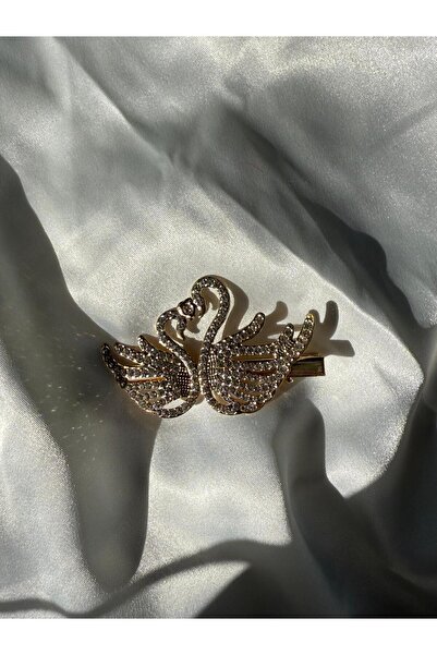 Zirkon Taşlı Kuğu Model Paslanmaz Gold Renk Kadın Metal Pens Toka