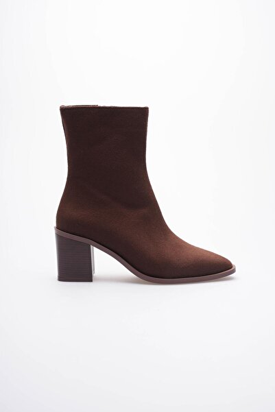 Mubiano Arden Kadın Kahverengi Süet Kalın Topuklu Fermuar Detaylı BOT (7CM)