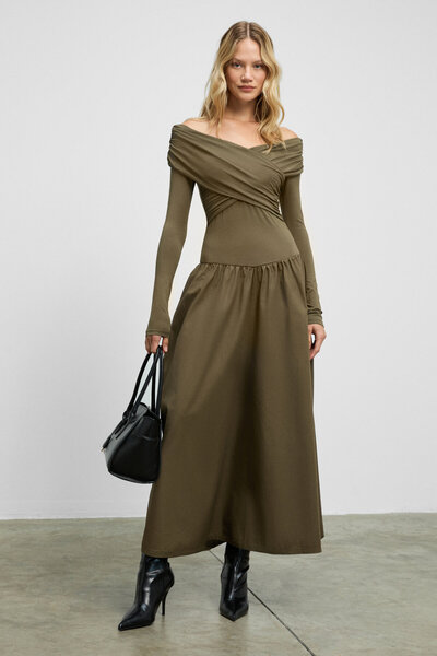 GRIMELANGE Fruendo Women's Asymmetrical Collar Top with Flexible Fabric Skirt Poplin Long Khaki Dress