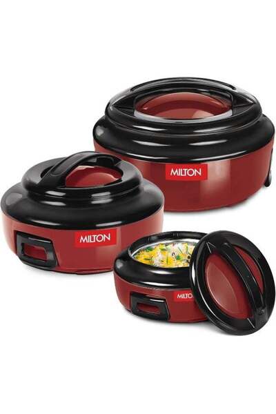 Generic Milton Ernesto Inner Stainless Steel Jr. Casserole Set of 3 (420 ml, 850 ml, 1.43 litres), Red | Ea