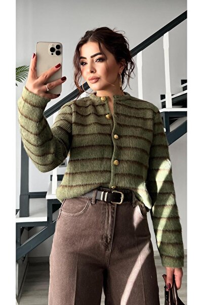 Oslove Khaki-Brown Striped Gold Button Cardigan