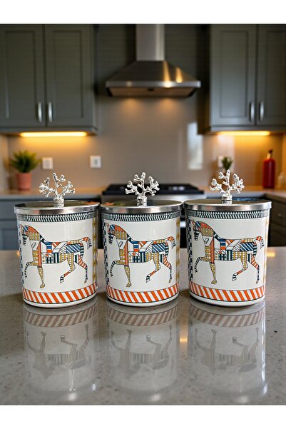 ferayhome Baharatlık Silindir 3 lü Metalli Kahve Köşesi Herm Desen 750 ml Mer...