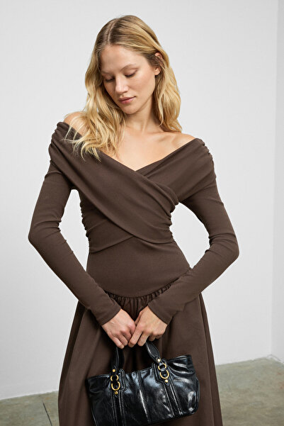 GRIMELANGE Fruendo women's asymmetric neck top with flexible fabric skirt poplin long brown dress