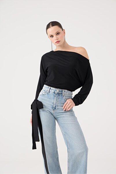 HOLLY LOLLY Asymmetrical Collar Talia Blouse Black