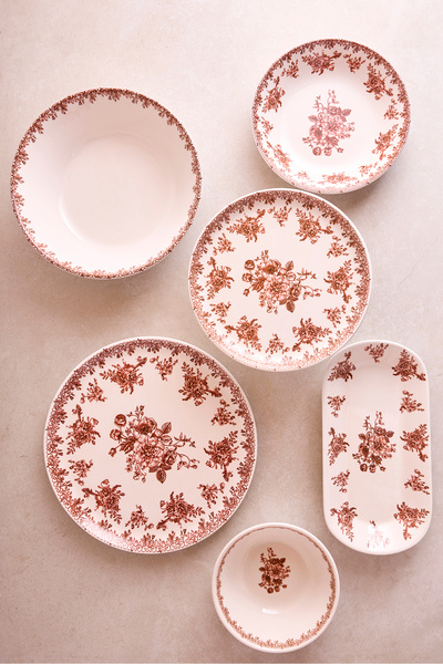 Perotti Antik Bordo 27 Parça 6 Kişilik Seramik Yemek Takımı Vintage Çiçek Desenli Yuvarlak Servis Seti