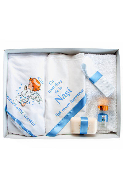 OEM Set botez, 6 piese, personalizat cu text cu imprimeu „Astăzi am fost botezat” - Albastru - TPB-94