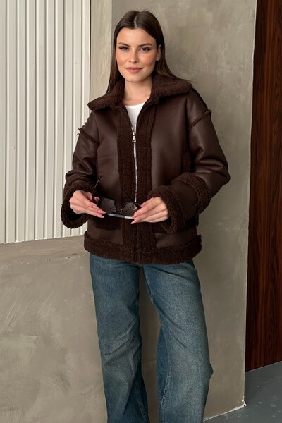 moda armanc Women's Fur Leather Coat - Oversized Faux Leather Coat - Shearling Inside Plush Jacket (Brown / Black)