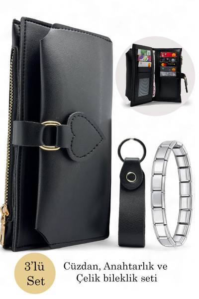EVVELİ Kadın deri cüzdan anahtarlık ve charm bileklik seti