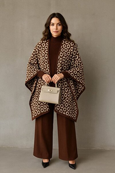 GİYSİ DÜNYASI 57 Triko Fabric Poncho Sweater Pants 3-Piece Set