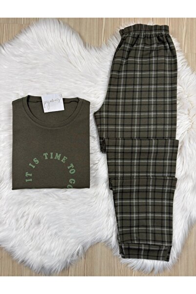 Pijamacs Khaki Plaid Patterned Soft Texture Long Sleeve Men's Set