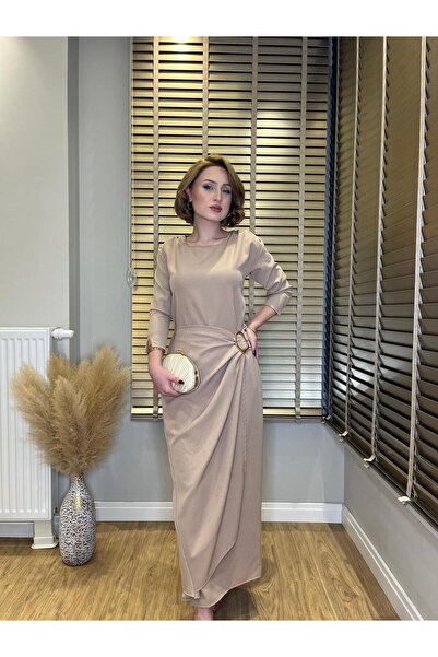 Bellucia Tokalı Drapeli Uzun Abiye Elbise