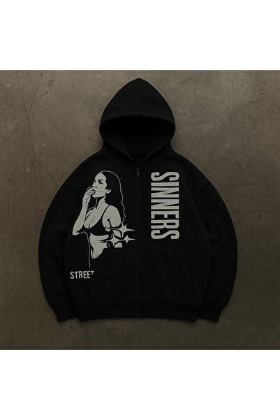 MAYDAY CULTURE سترة سوداء بغطاء للرأس للجنسين Dtf مطبوع سترة سوداء ذات قصة عادية