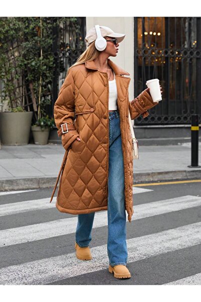 BORCKA TEKSTİL Kahverengi Kuşaklı Kapitone Uzun Mont