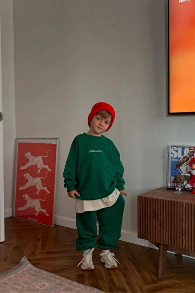 Magu Unisex Children's Cotton Green Mood Tracksuit Set - Oversized Comfortable Fit
